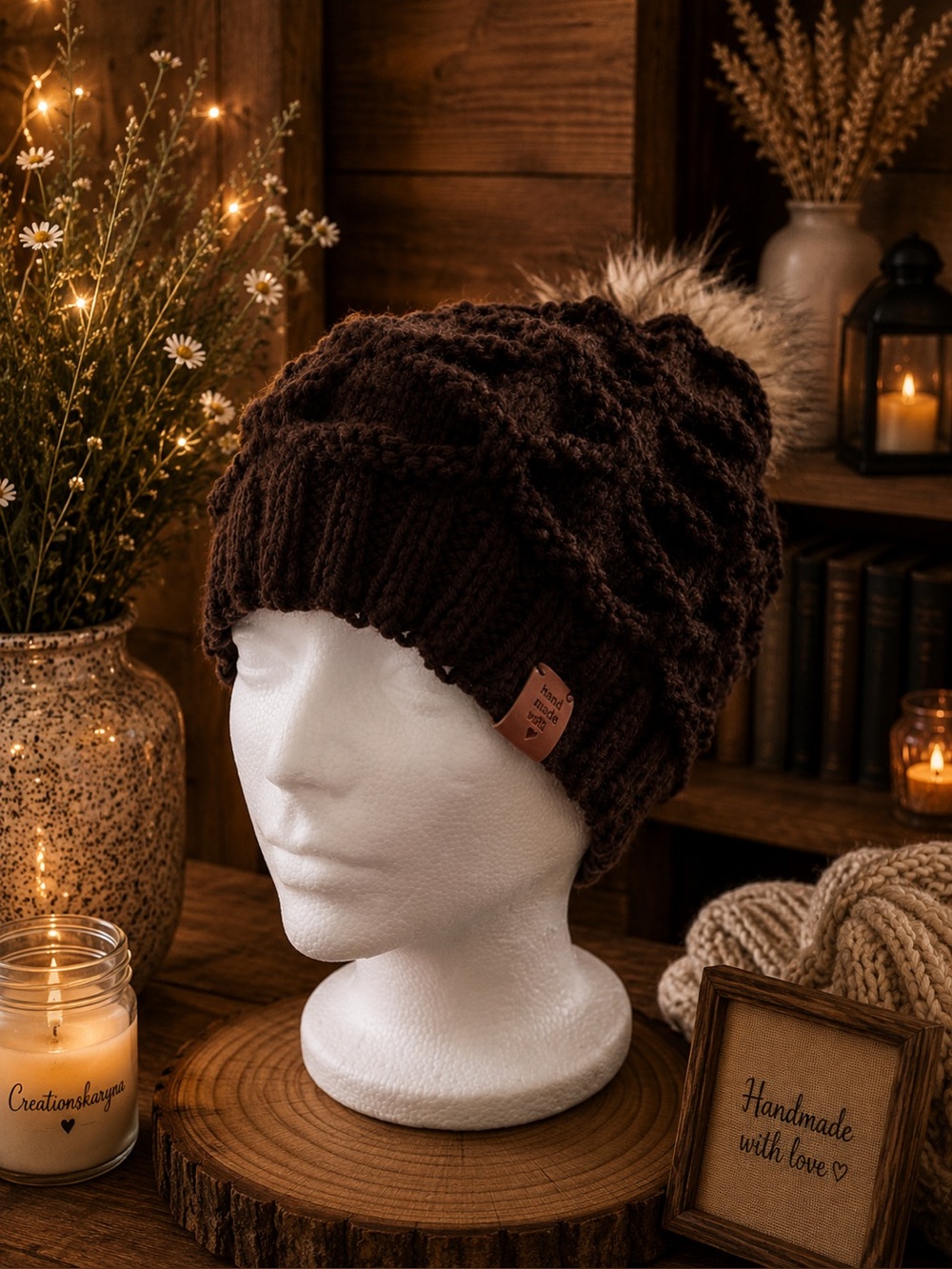 Cozy Knit Pom Beanie - Brown - - Picture 2 of 2